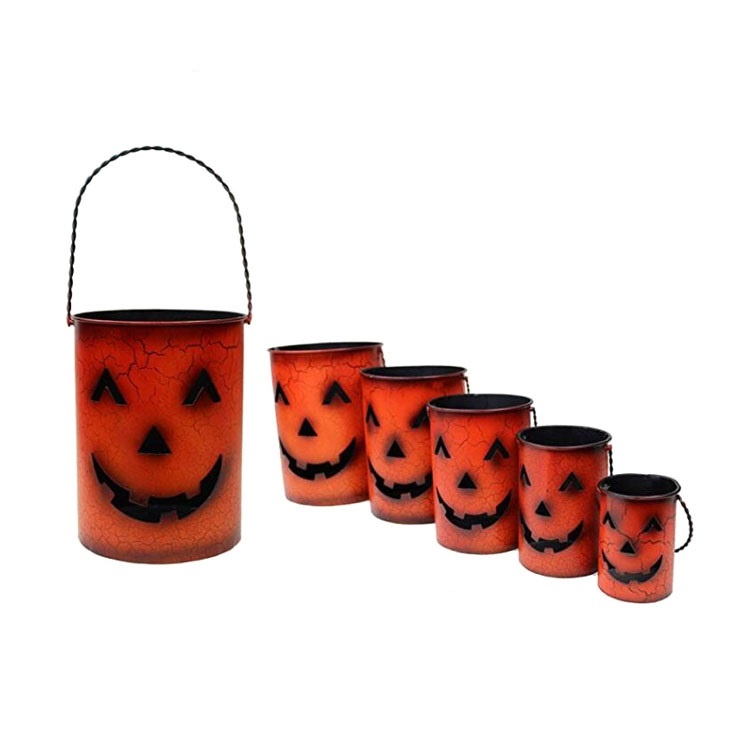 Pumpkin Jack-O-Lantern Metal Candle Holders, Halloween Luminaries Set of 5