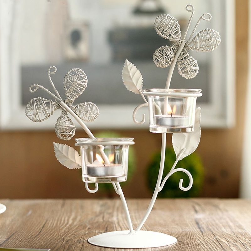 Tealight Glass Votive candle 3 holders with iron butterfly design european-style creative