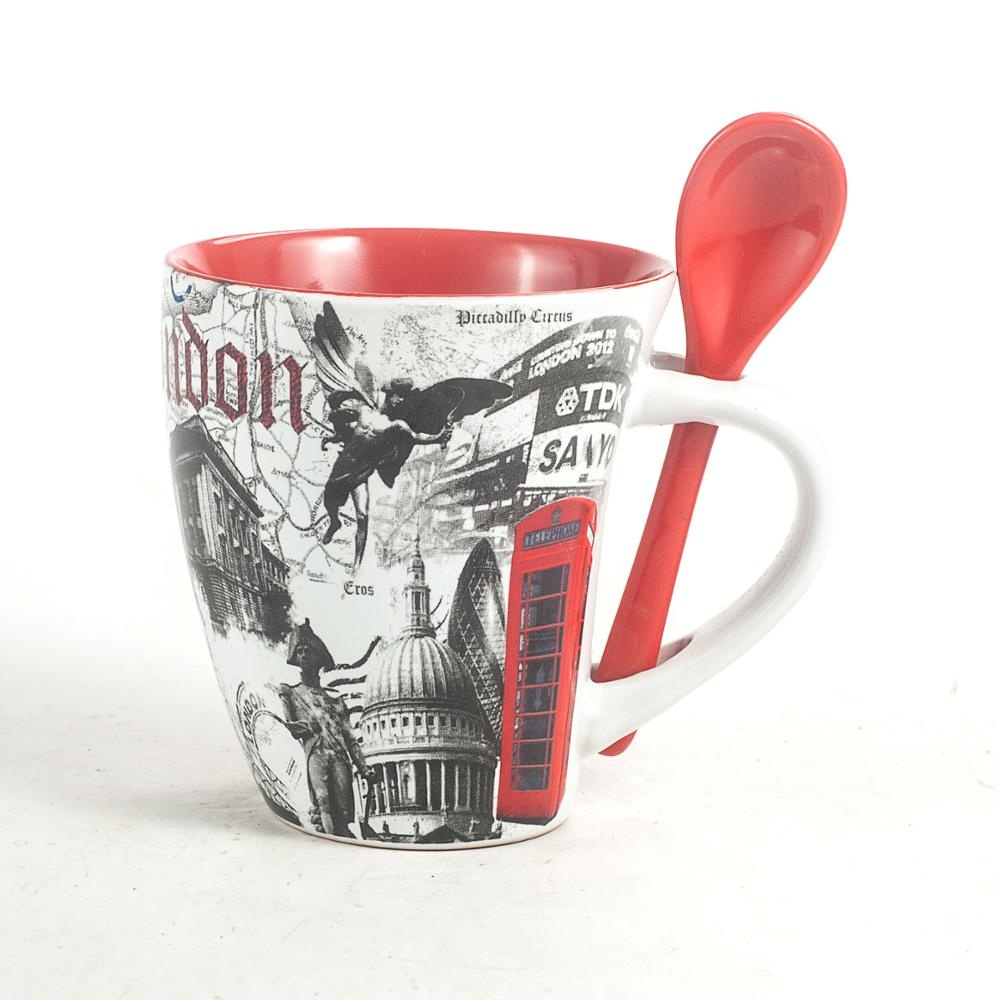 300ml ceramic mug with spoon in handle London pattern inner color mugs set