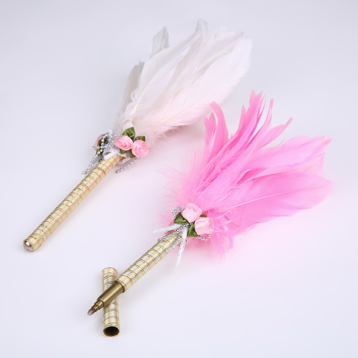 Unique pink feathers top ball pen with elegance design for wedding/advertisement gift