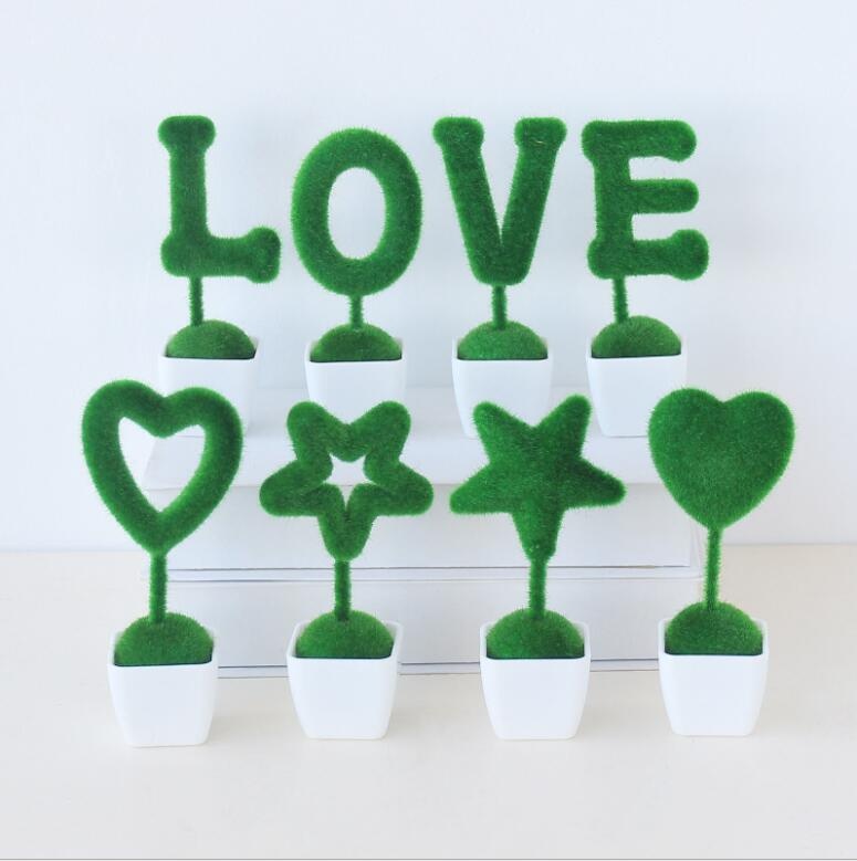 Green artificial plant set of 4 letter decor love/heart/star design table decor.