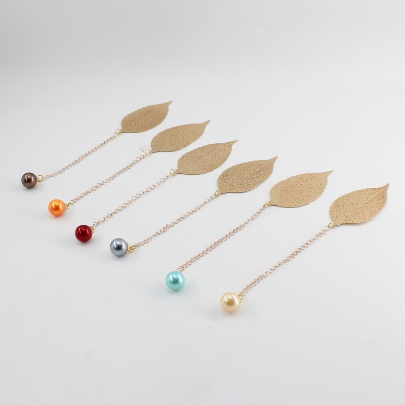 metal gold leaves bookmark with pearl pendant simple stlye