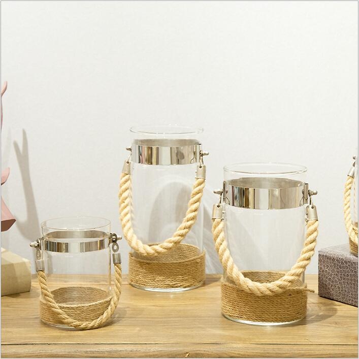 set of 3 clear glass cylinder vase lantern with rope handle metal ring for wedding and event