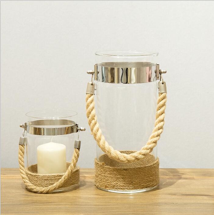set of 3 clear glass cylinder vase lantern with rope handle metal ring for wedding and event