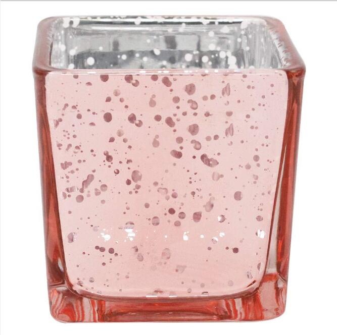 Speckled pink rose gold square tube shape Mercury Glass Votive Candle Holder