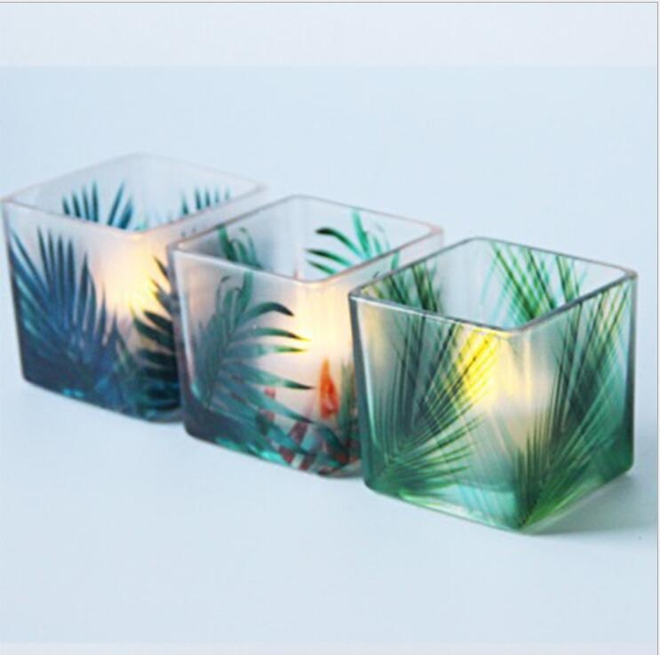 Square glass tealight candle holder with rainforest pattern set of 3