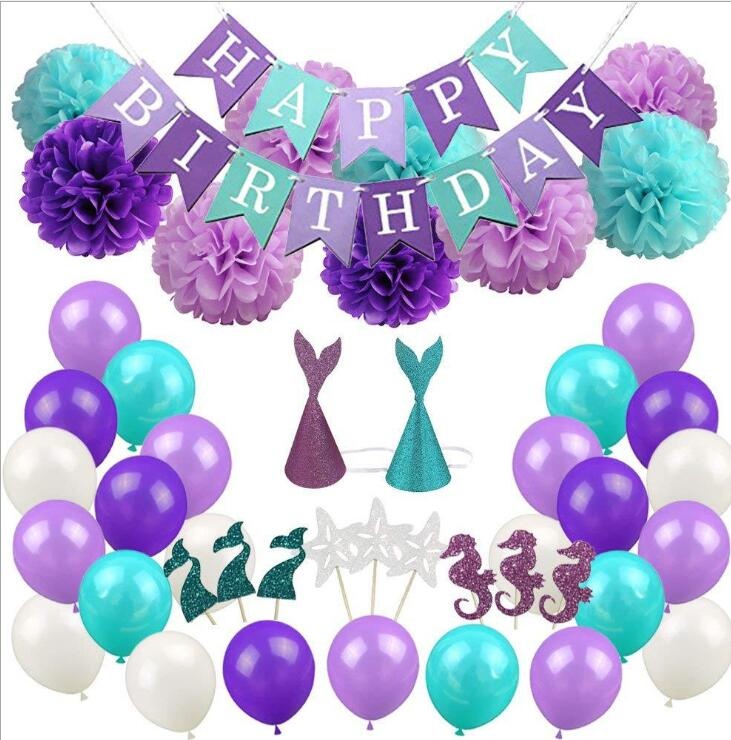 purple Summer Birthday Wedding Baby Shower Mermaid Party Decoration sets Banner Flag balloon flower
