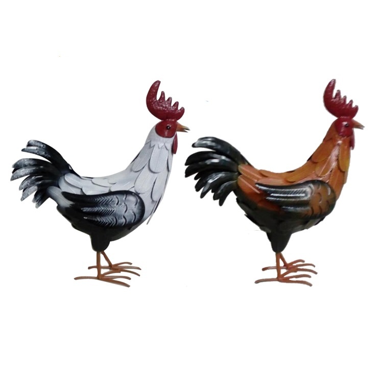 Outdoor Garden Handmade Black and White Metal Rooster Decoration
