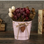 metal iron flower bucket with rope wooden heart design