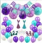 purple Summer Birthday Wedding Baby Shower Mermaid Party Decoration sets Banner Flag balloon flower