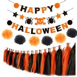 Happy Halloween banner with paper pom poms ,garlands, tassels for party decoration